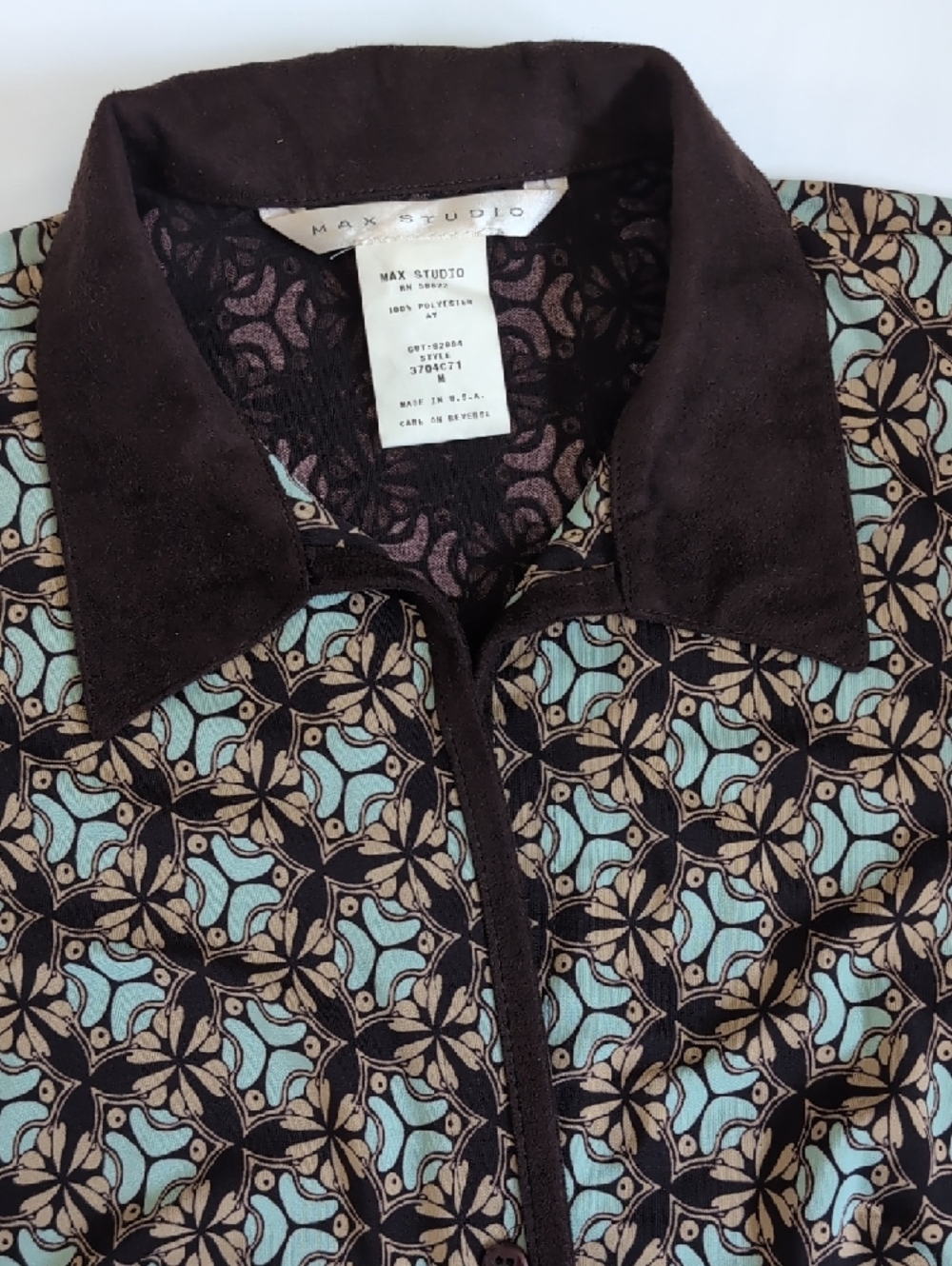 Max Studio Women's Brown Green  Patterned Button Front Top - M